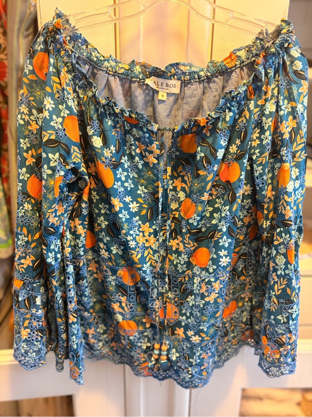 Hale Bob Teal Blue Floral Orange Print Peasant Blouse